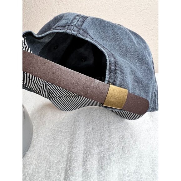 "Game Day" Stone Wash Gray Denim Embroidered Baseball Cap Striped Bill Underside - Picture 10 of 10